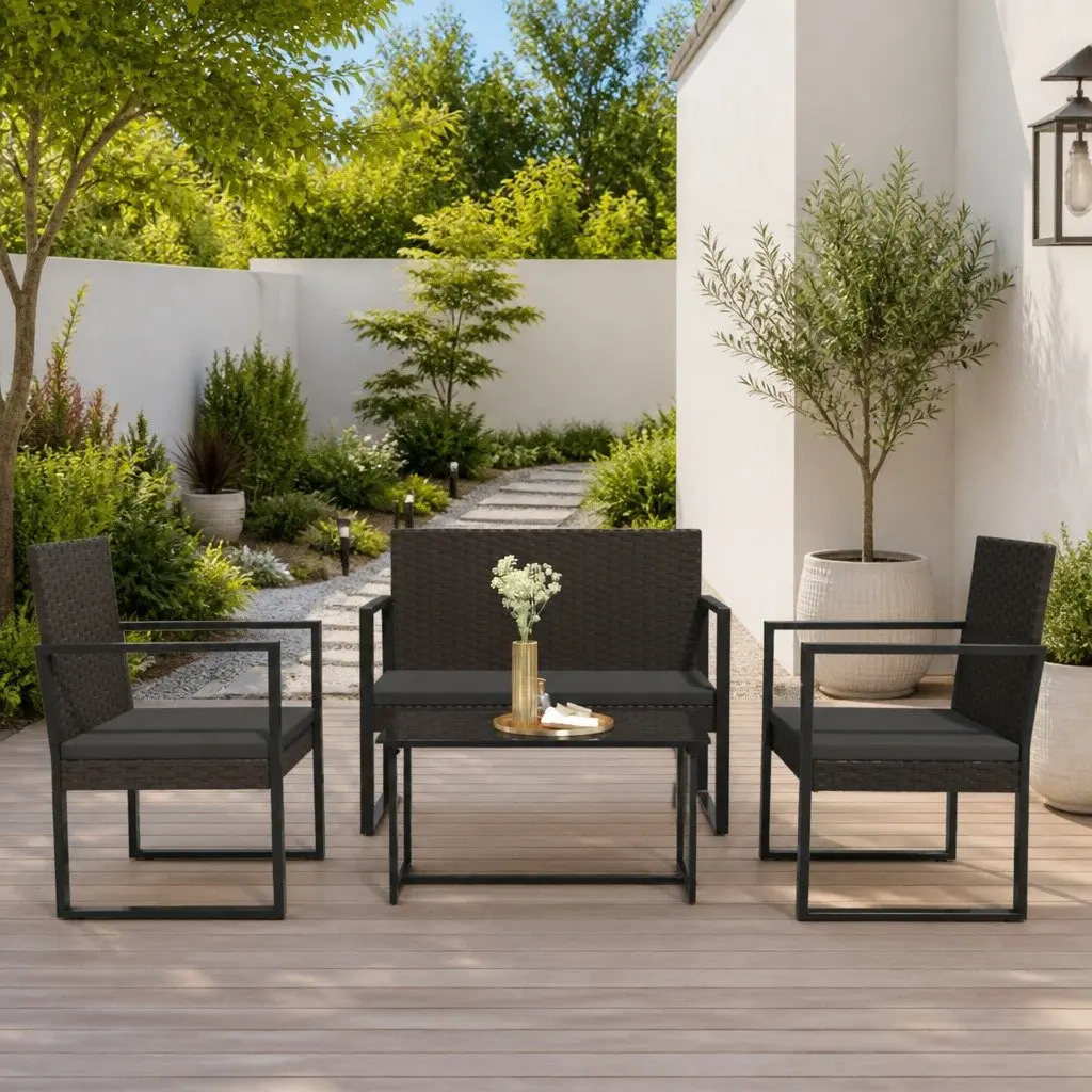 Outdoor Garden Bench with Cushions Black 106cm Poly Rattan Seating Furniture