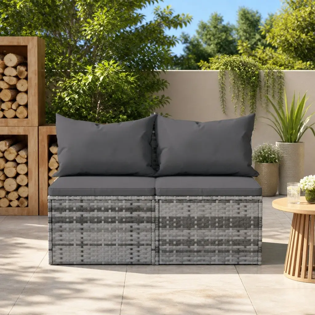 Outdoor Garden Middle Sofas Set 2 pcs Cushions Grey Poly Rattan