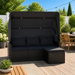 3-Seater Garden Sofa Outdoor Furniture Adjustable Roof Footstool Black Rattan
