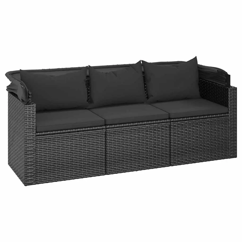 3-Seater Garden Sofa Adjustable Roof Footstool Black Rattan