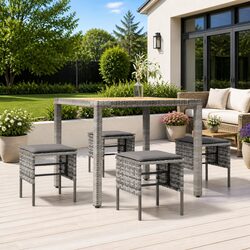Garden Footstools Set of 4 Outdoor Seating Grey Poly Rattan with Cushions