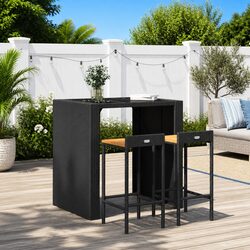 Bar Stools 2 pcs Black Outdoor Indoor Modern Design Poly Rattan Wooden Seat