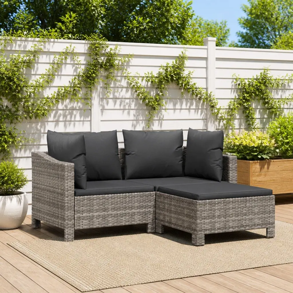 3 Piece Garden Lounge Set Grey Poly Rattan Outdoor Furniture with Cushions