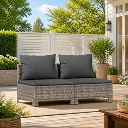 2-Seater Garden Sofa Outdoor Furniture Set with Cushions Grey Poly Rattan