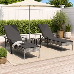 Sun Loungers Set 2 pcs Grey Outdoor Furniture with Table and Cushions