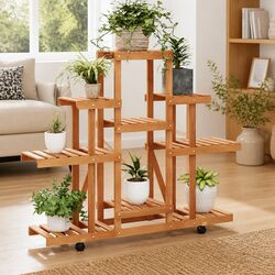 Wooden Flower Stand with Wheels Plant Display Rack Fir Wood Brown 110x25x101cm
