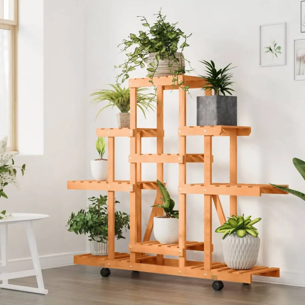 Wooden Flower Stand with Wheels 110x25x101cm Brown Fir Wood