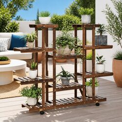 Plant Stand with Wheels Wooden Flower Display Rack Home Garden Decor