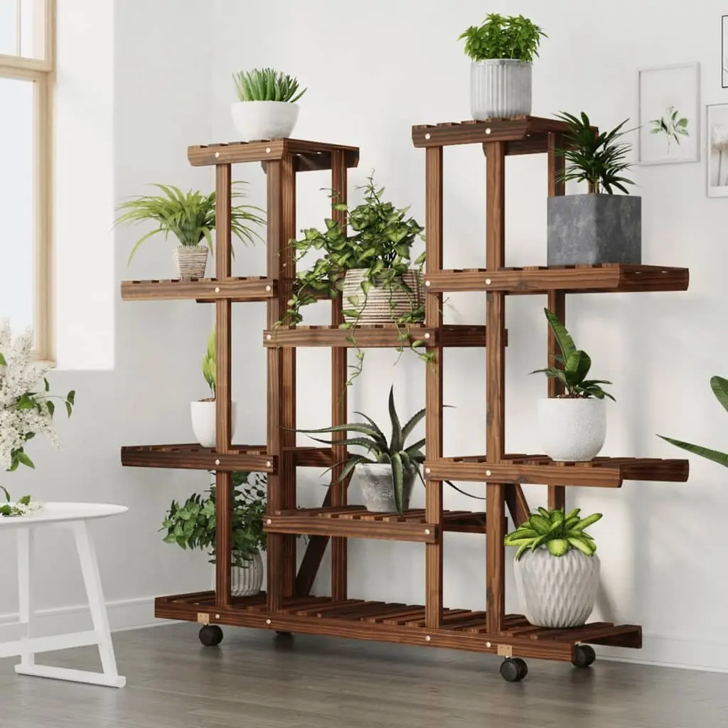 Wooden Plant Stand with Wheels 110 x 25 x 115 cm Brown