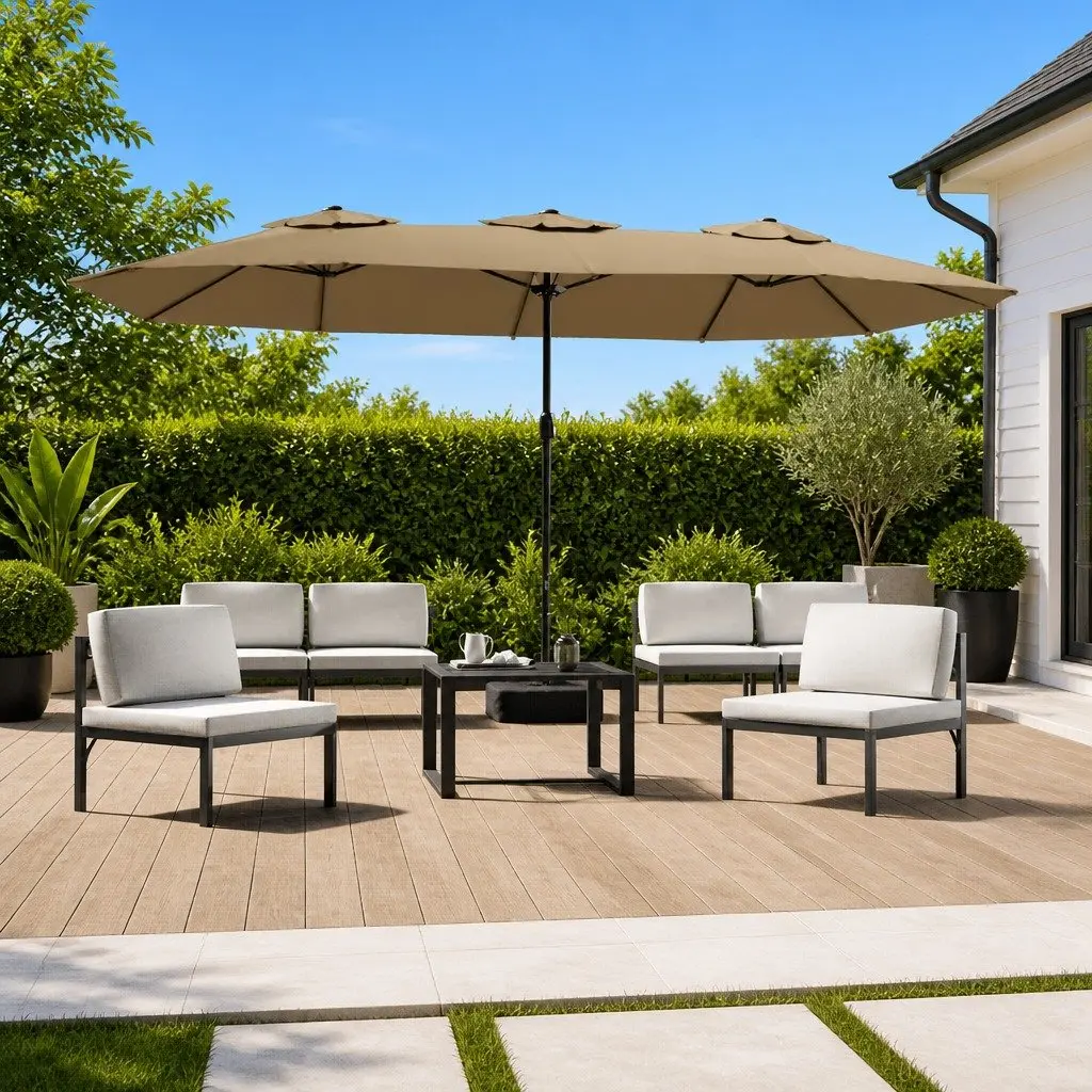 Double-Head Garden Parasol with LED Lights UV Protective Taupe 449x265cm
