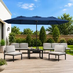 Double-Head Garden Parasol with LED Lights Outdoor Patio Sunshade Blue 449x265cm