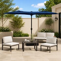 Double-Head Garden Parasol Azure Blue Outdoor Sunshade Patio Umbrella Crank Open