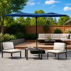 Double-Head Garden Parasol with LED Lights Azure Blue Outdoor Shade Umbrella