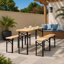 3 Piece Folding Beer Table Set Outdoor Camping Picnic Fir Wood Benches Brown