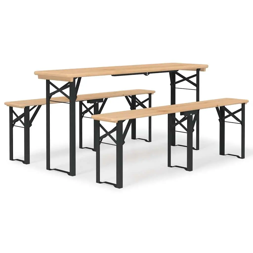 3 Piece Folding Beer Table Set Outdoor Camping Picnic Fir Wood Benches Brown
