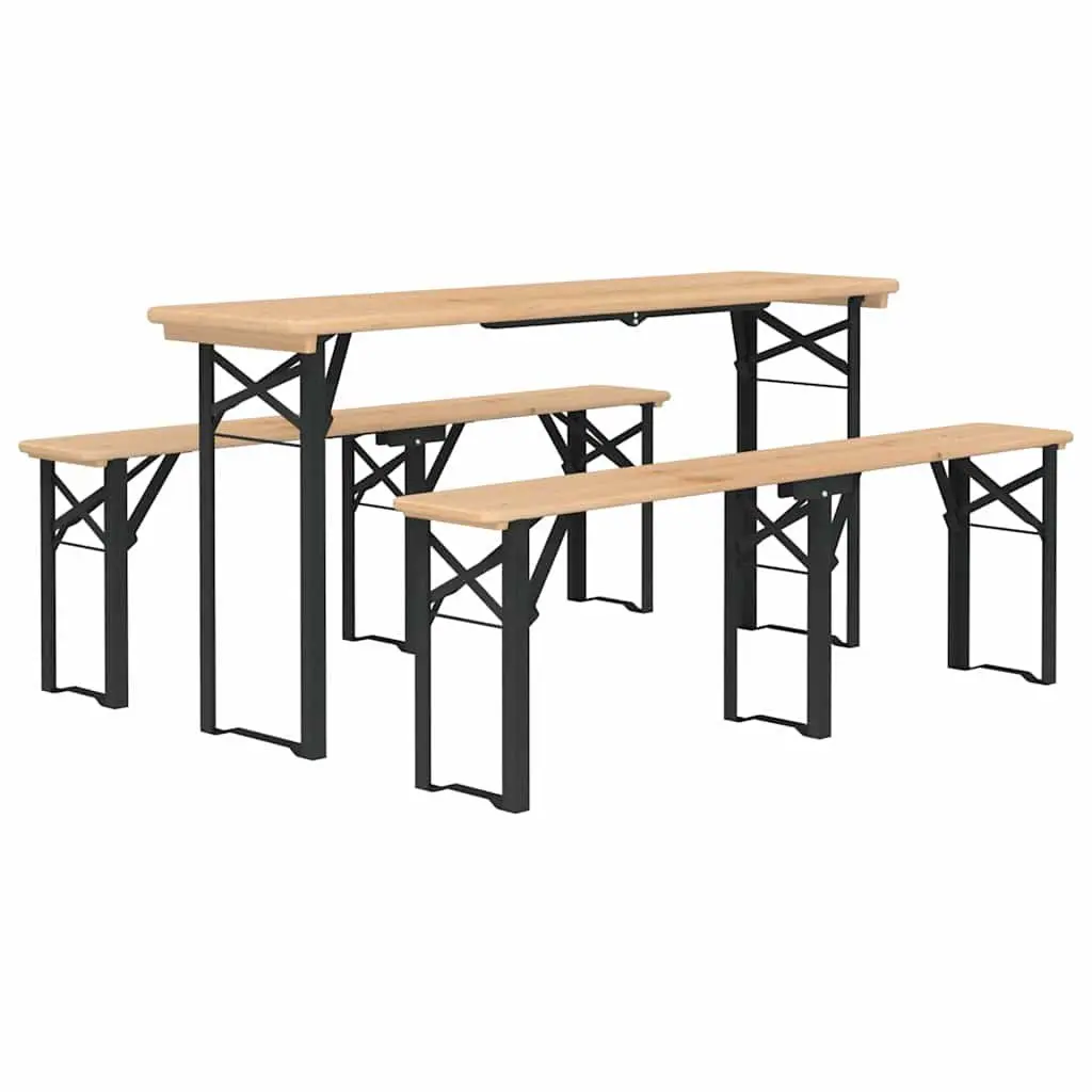 3 Piece Folding Beer Table Set Outdoor Camping Picnic Fir Wood Benches Brown