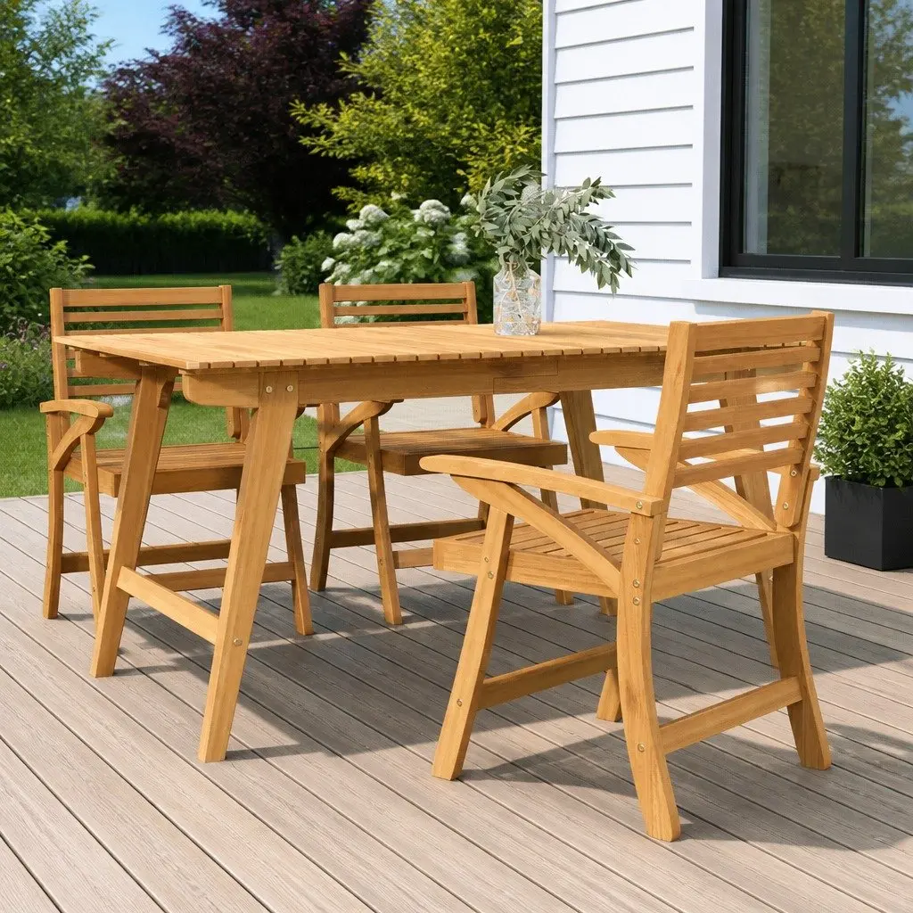 Outdoor Chairs Solid Acacia Wood Curved Back Support Brown Set of 3