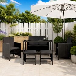 Garden Dining Set 6 Piece Outdoor Furniture Black Poly Rattan with Cushions