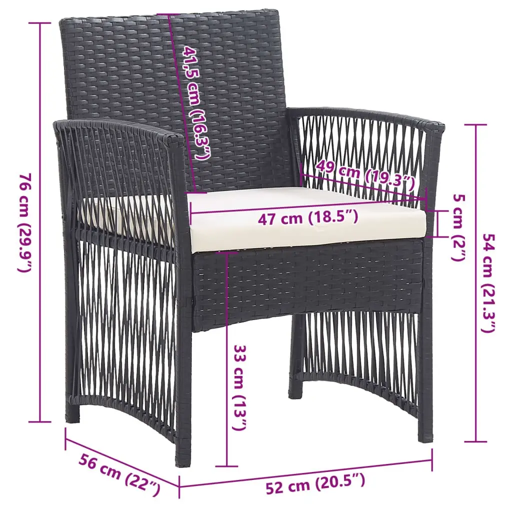 Outdoor Garden Armchairs Set 2 pcs Black PE Rattan Lounge Seating with Cushions