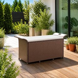 Outdoor Garden Bench with Storage Cushion Brown Patio Seating Furniture