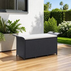 Outdoor Garden Bench with Storage Cushion Seat Black Poly Rattan Patio Furniture