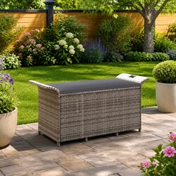 Outdoor Garden Bench with Storage Cushion Grey Poly Rattan Patio Seating
