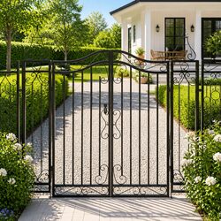 Garden Gate Black Wrought Iron Ornamental Fence Entry Outdoor Patio Yard Decor