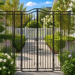 Garden Gate Black 121x180cm Wrought Iron Ornamental Fence Entryway Post