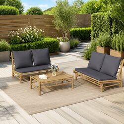 Outdoor Garden Bench Bamboo Frame Grey Cushions Patio Seating Furniture
