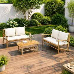 Outdoor Sectional Sofa Set 2 Piece Bamboo Garden Lounge Seating with Cushions