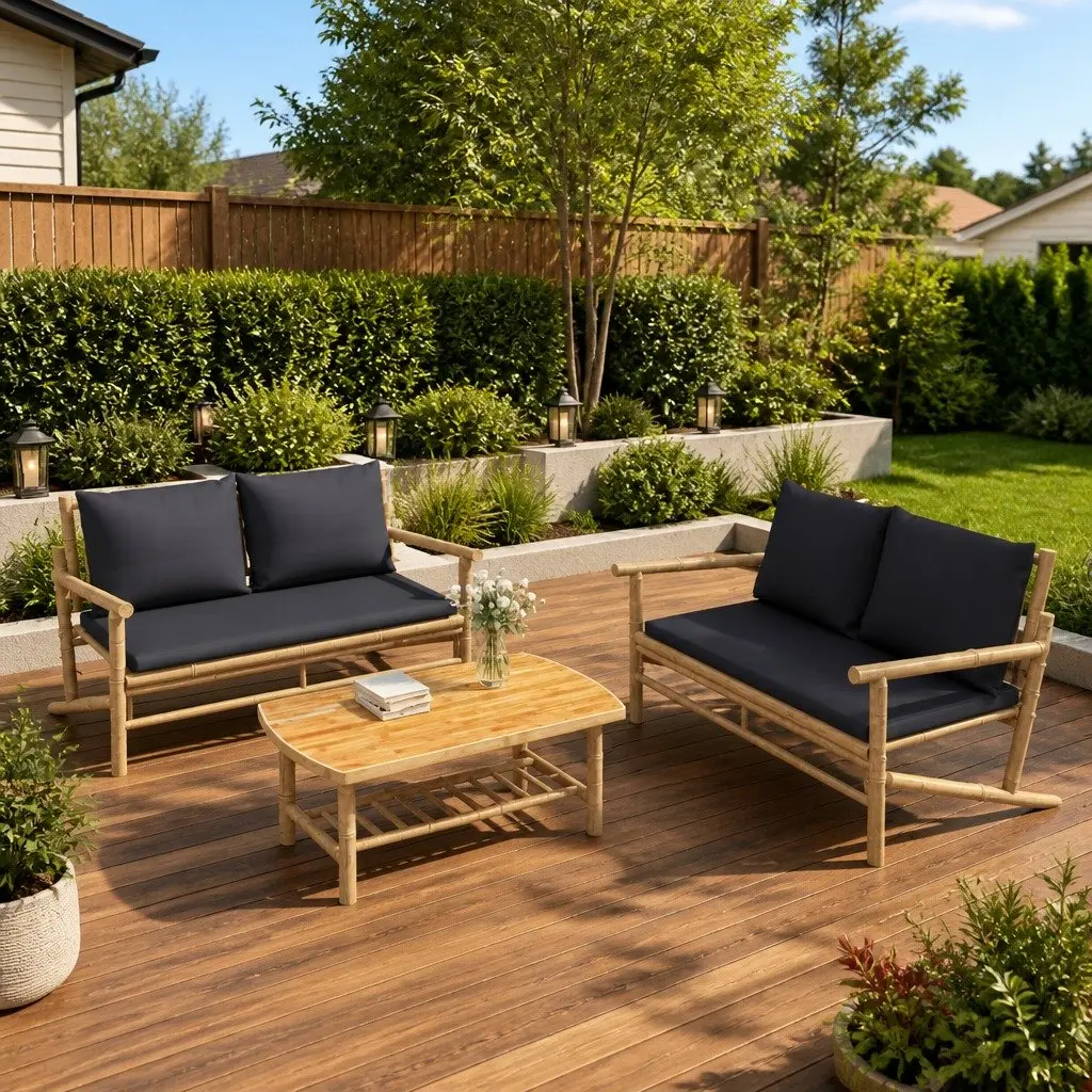 Bamboo Garden Bench Outdoor Seating with Backrest Grey Cushions