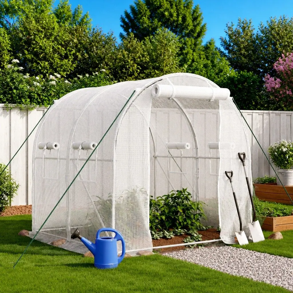 Greenhouse PE Cover 4 m² White Steel Frame 2x2x2 m Roll-Up Door Mesh Windows