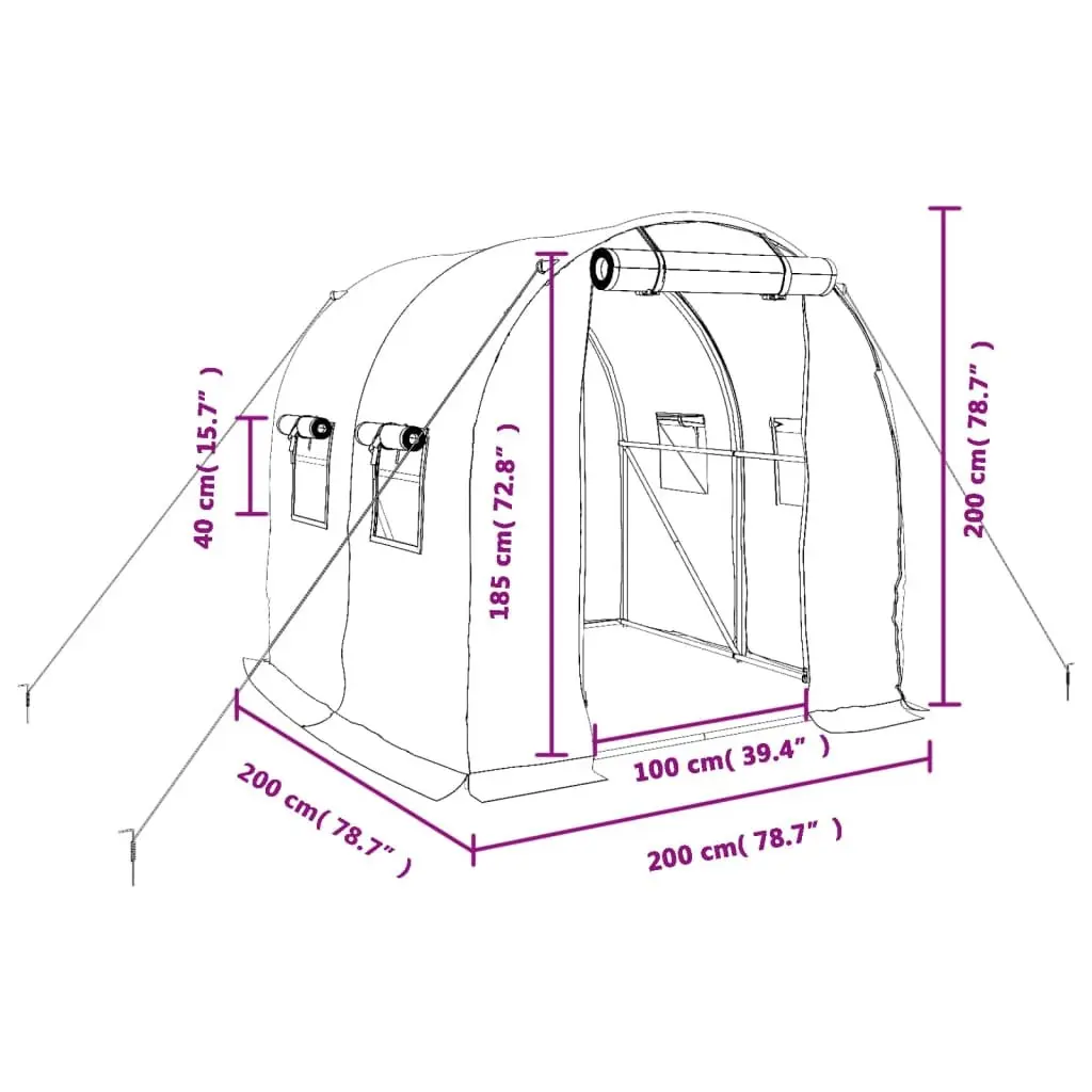 Greenhouse PE Cover 4 m² White Steel Frame 2x2x2 m Roll-Up Door Mesh Windows