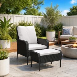 Garden Chair with Footstool Black Outdoor Lounge Seat Rattan Frame Armrests