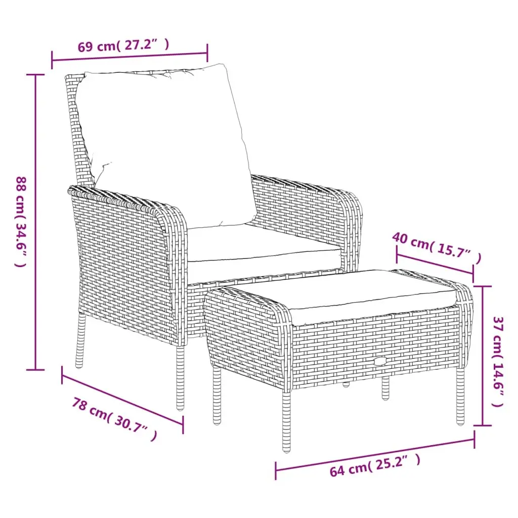Garden Chair with Footstool Weather Resistant PE Rattan Black Outdoor Lounge Seating