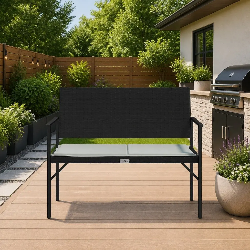 2-Seater Garden Bench with Cushion Weather Resistant Black PE Rattan Outdoor Furniture