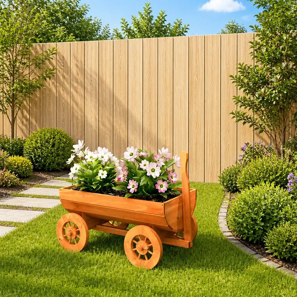 Garden Wagon Solid Wood Fir Planter Cart with Wheels Handle Brown
