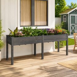 Wooden Planter Box with Liner Grey Garden Flower Pot Raised Bed Outdoor Balcony