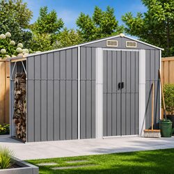 Garden Shed Grey Metal Storage Outdoor Structure Galvanised Steel 277x93x179cm