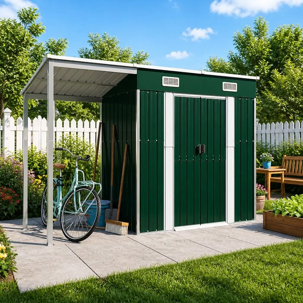 Garden Shed Extended Roof Storage Outdoor Tool House Green Steel 277x107x181cm