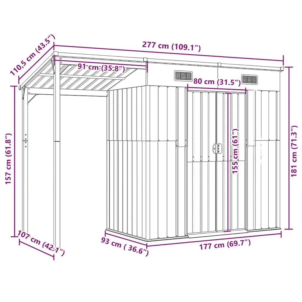 Garden Shed Extended Roof Storage Outdoor Tool House Green Steel 277x107x181cm
