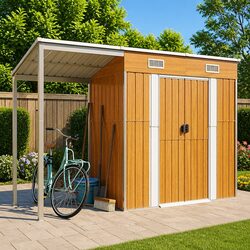 Garden Shed Extended Roof Brown Steel Storage Outdoor Tool House Structure