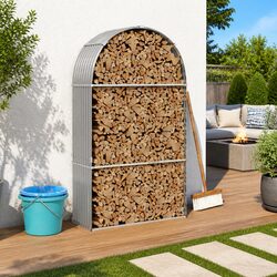 Log Holder Galvanised Steel Firewood Rack Storage Grey 120x45x210cm Fireplace