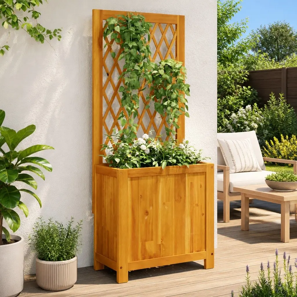 Wooden Planter with Trellis for Climbing Plants Brown Solid Acacia Wood 55 x 29.5 x 132 cm