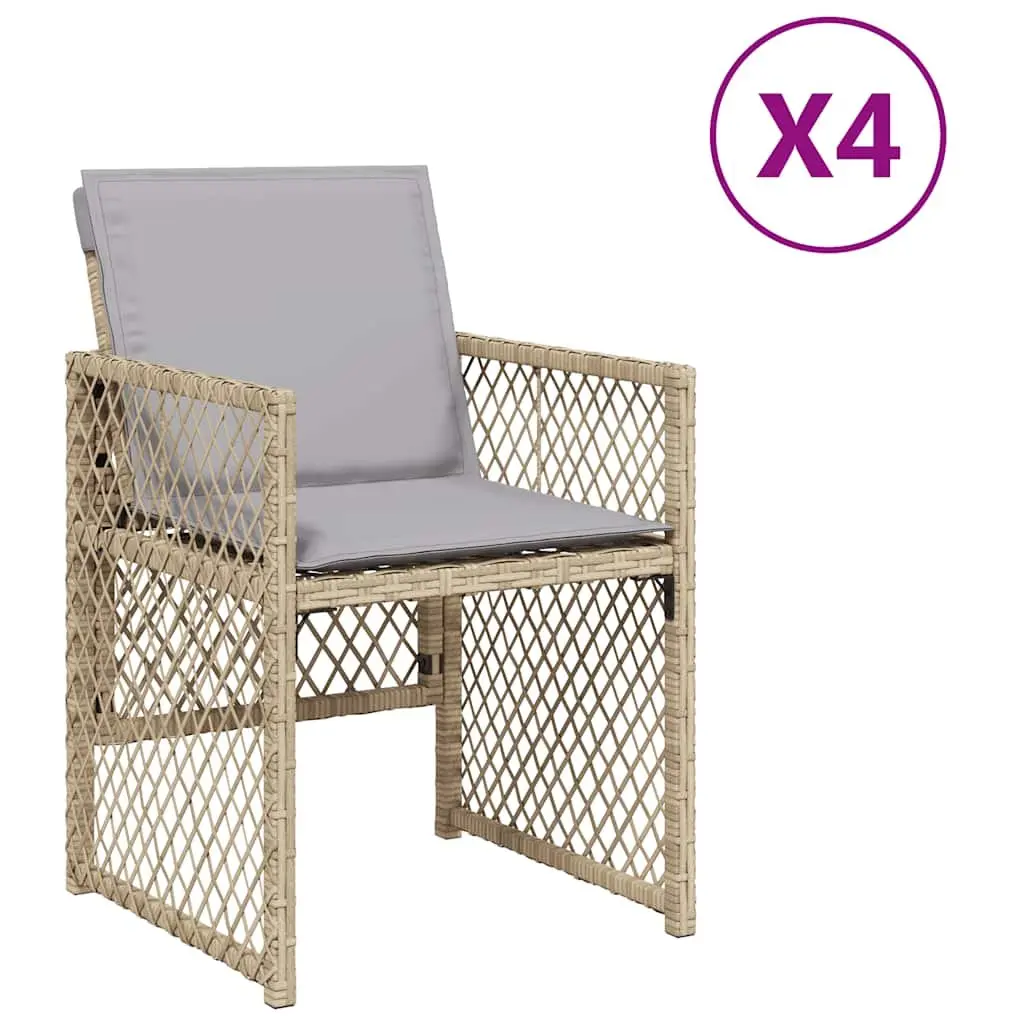 Outdoor Garden Chairs Set 4 Piece Cushioned Beige Poly Rattan Folding Backrest