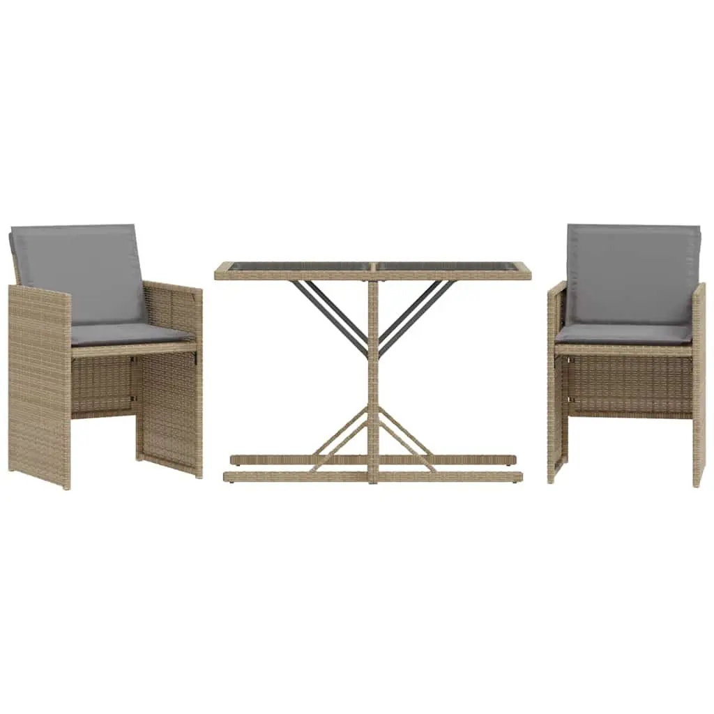 3 Piece Outdoor Bistro Set Beige Poly Rattan Garden Furniture Cushions Table