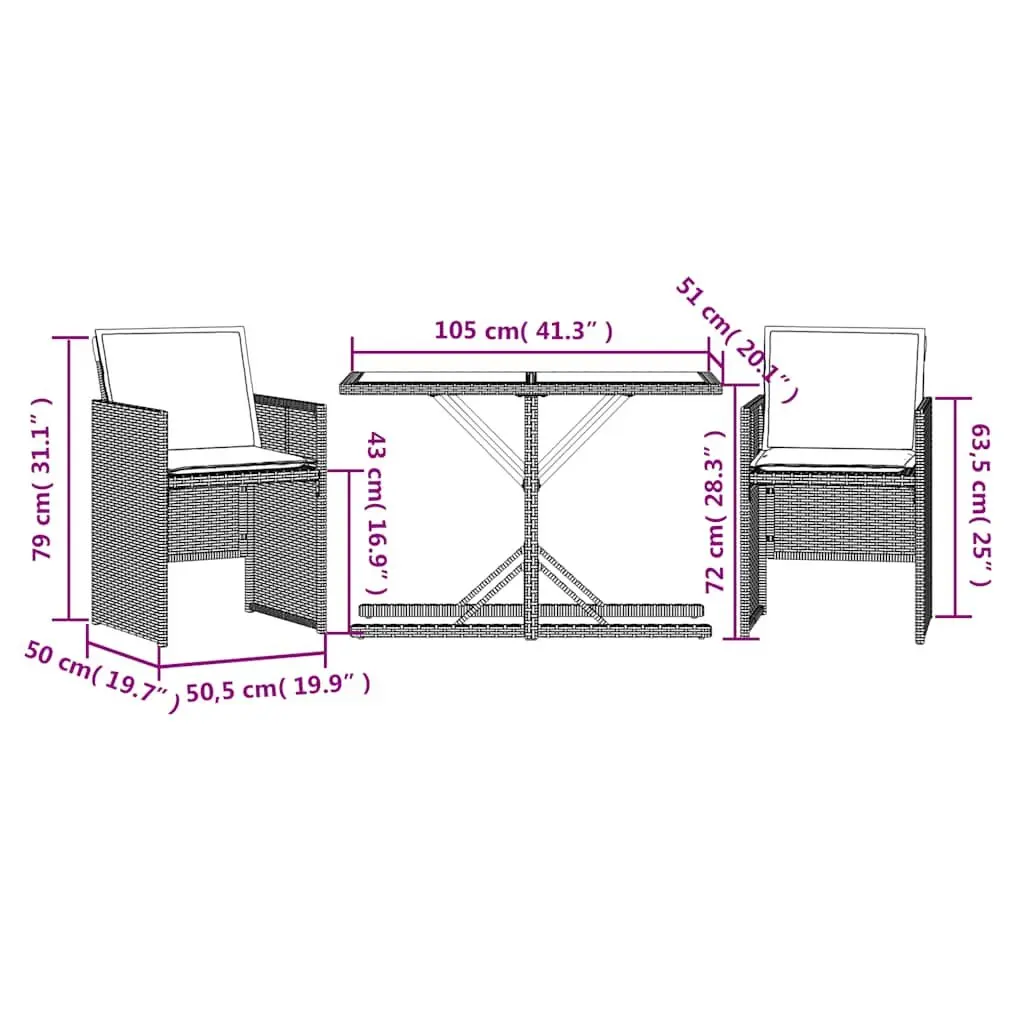 3 Piece Outdoor Bistro Set Beige Poly Rattan Garden Furniture Cushions Table
