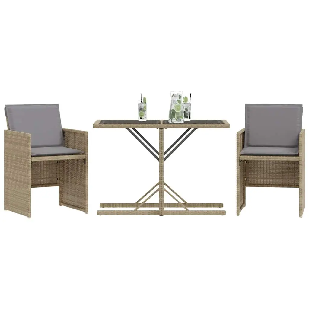 3 Piece Outdoor Bistro Set Beige Poly Rattan Garden Furniture Cushions Table