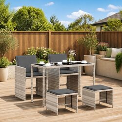 5 Piece Garden Dining Set Outdoor Furniture Grey PE Rattan Chairs Table Cushions