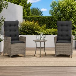 3 Piece Outdoor Bistro Set Grey Poly Rattan Garden Furniture with Cushions